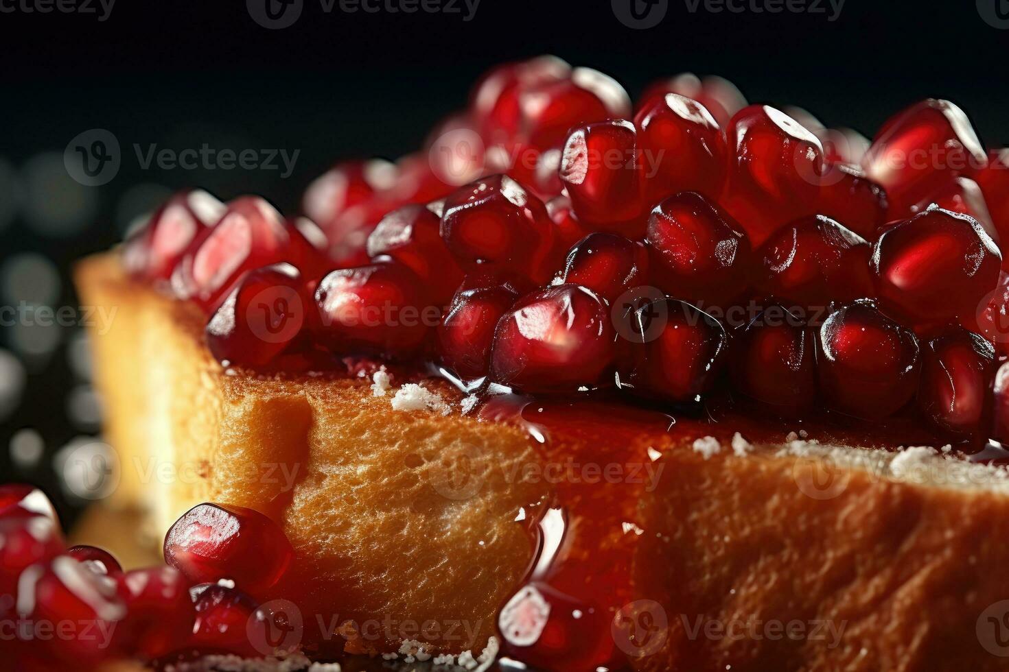 Pomegranate toast, macro shot of a fresh breakfast with Dripping Honey, AI Generated photo