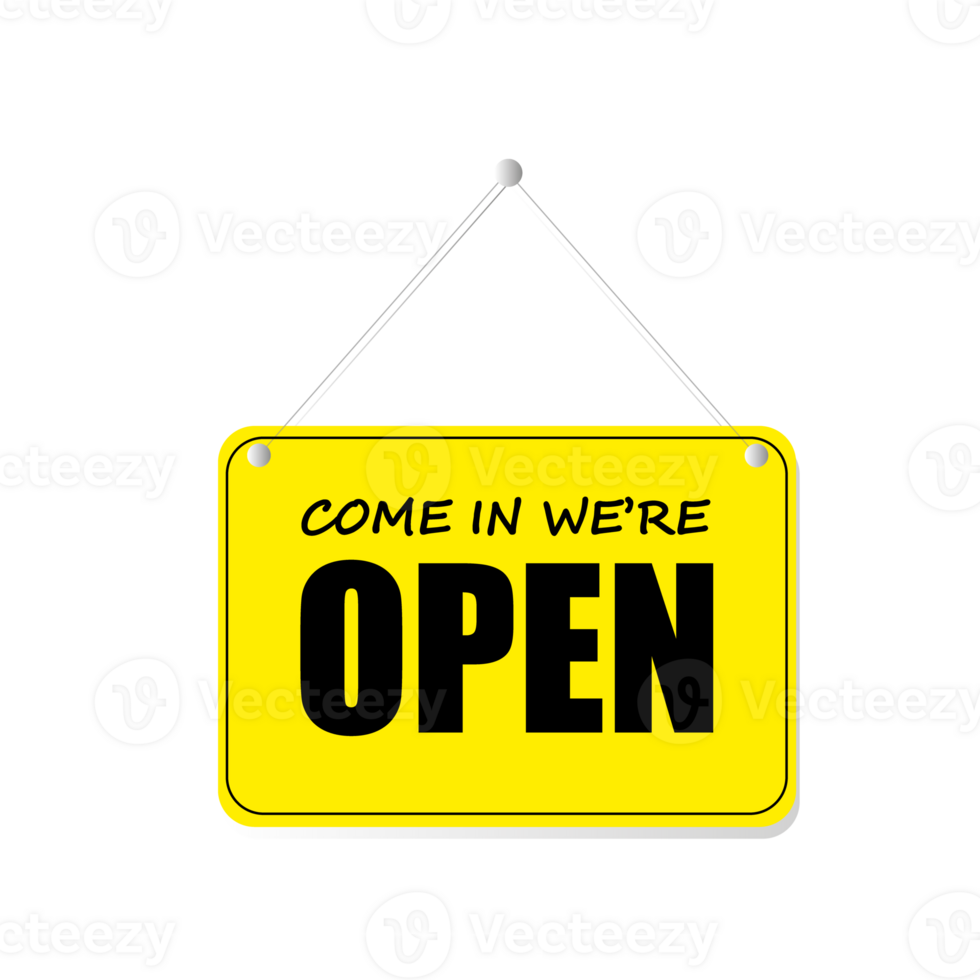 Come in We are open in a sign with a rope on a transparent background png