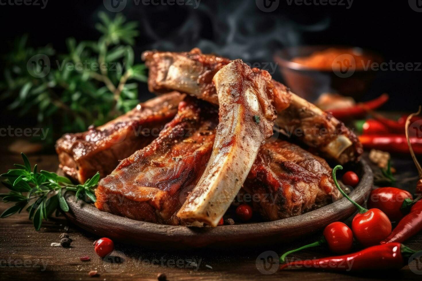 A stack of Lamb Ribs meat with smoke and pepper on the side ready to eat photo