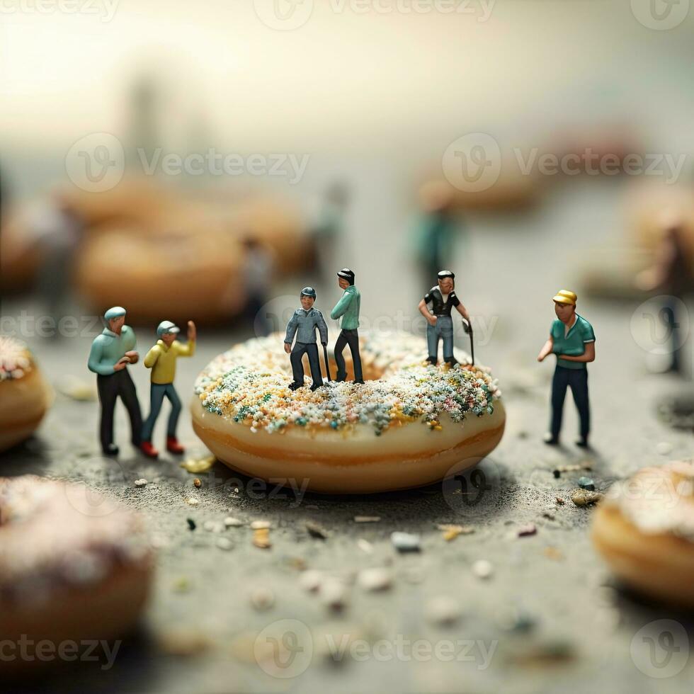 social structures donut with marshmallows and tiny people, AI Generated photo