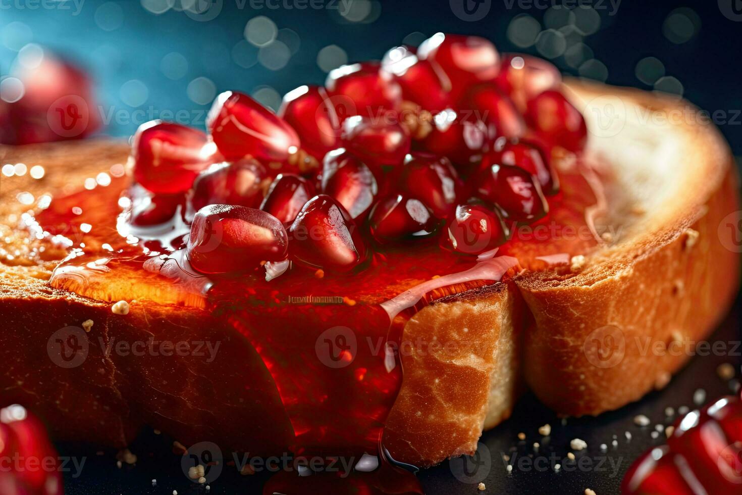 Pomegranate toast, macro shot of a fresh breakfast with Dripping Honey, AI Generated photo
