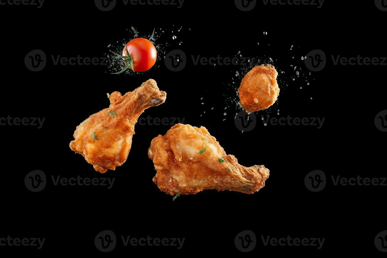 volador elementos de frito pollo con Tomates y perejil, generativo ai foto