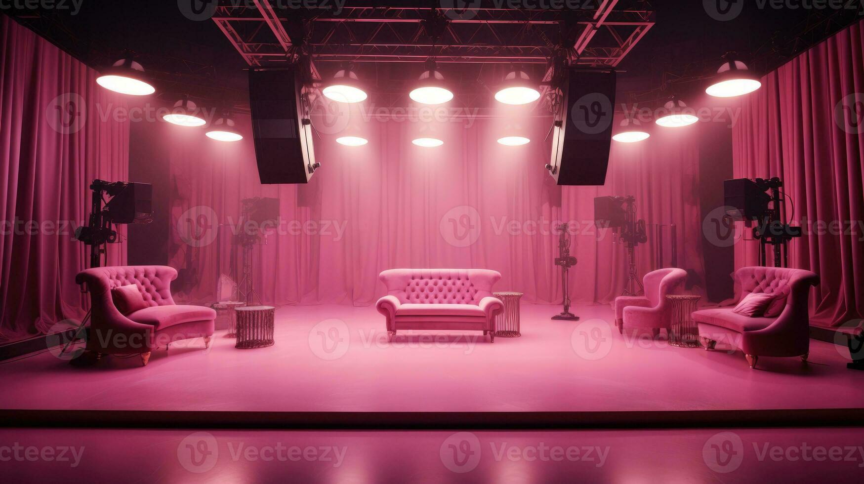 Pink film set. Film shooting, women show, fairy tale story, glamor talk show photo