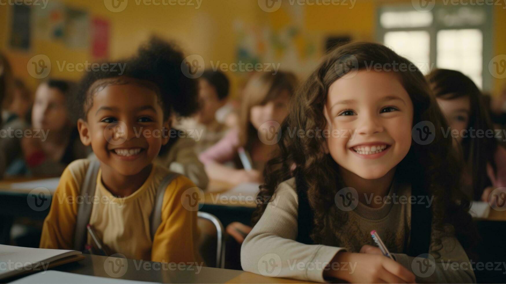 Two little girls are friends. Girls with black and white skin. School friends photo