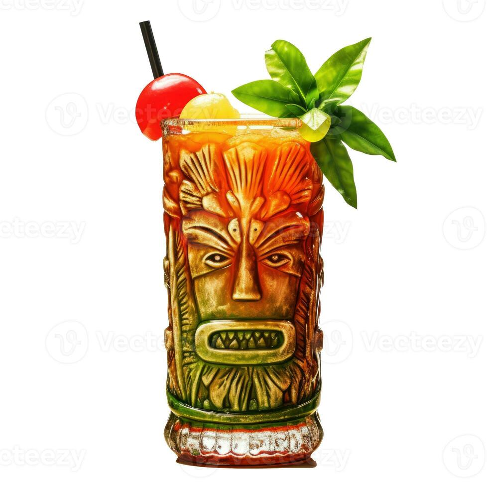 Tropical cocktail served in a tiki style glass and garnished with fruits. photo