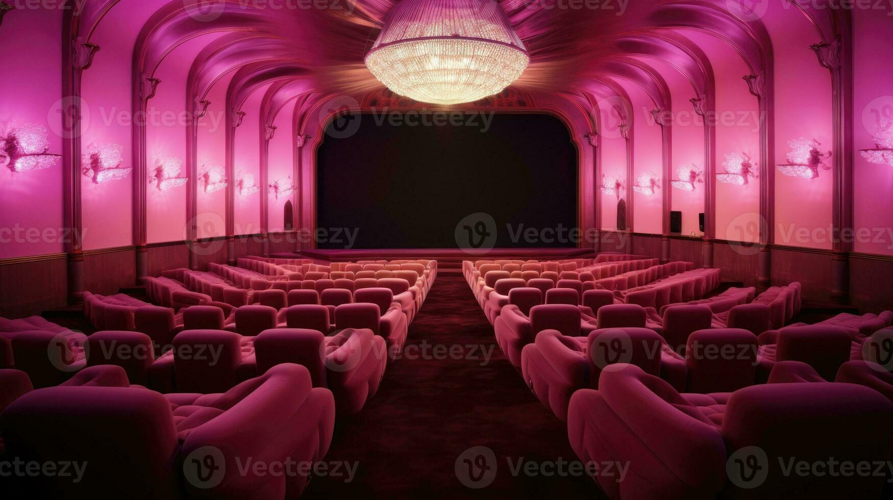 vacío rosado cine salón. ver de vacío cine pantalla con rosa sillas. foto