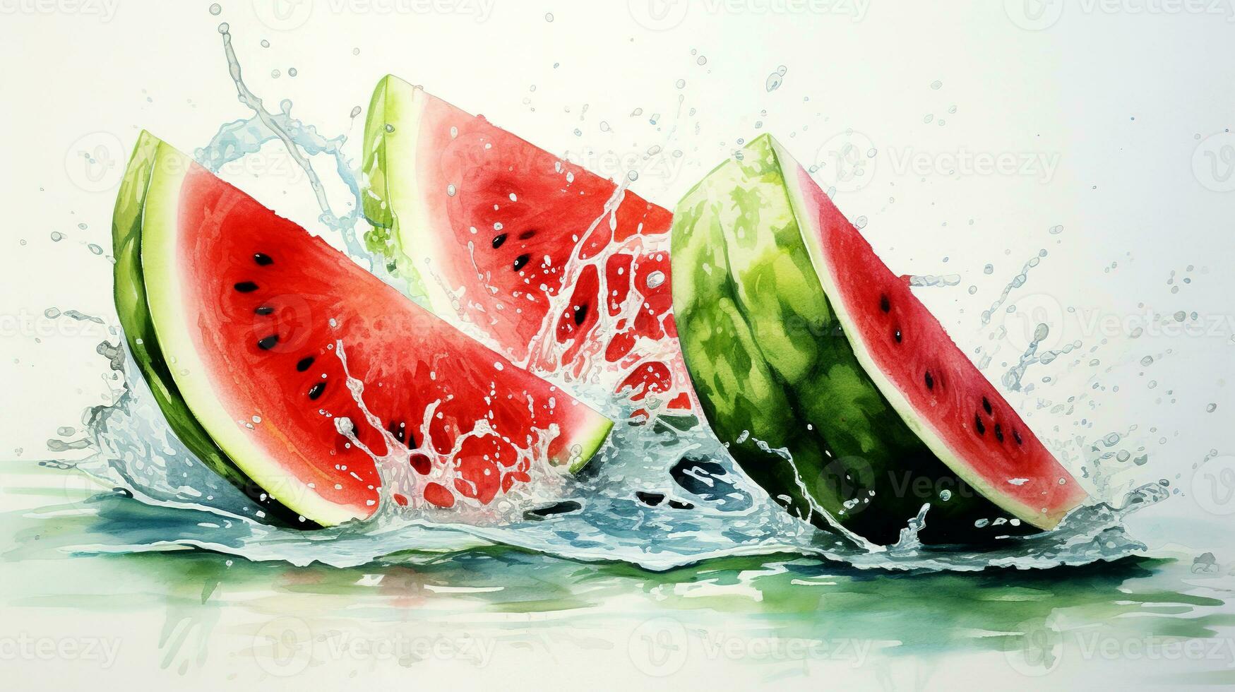 Watermelon and splashes of water. Watercolor illustration of sliced watermelon. AI generated. photo
