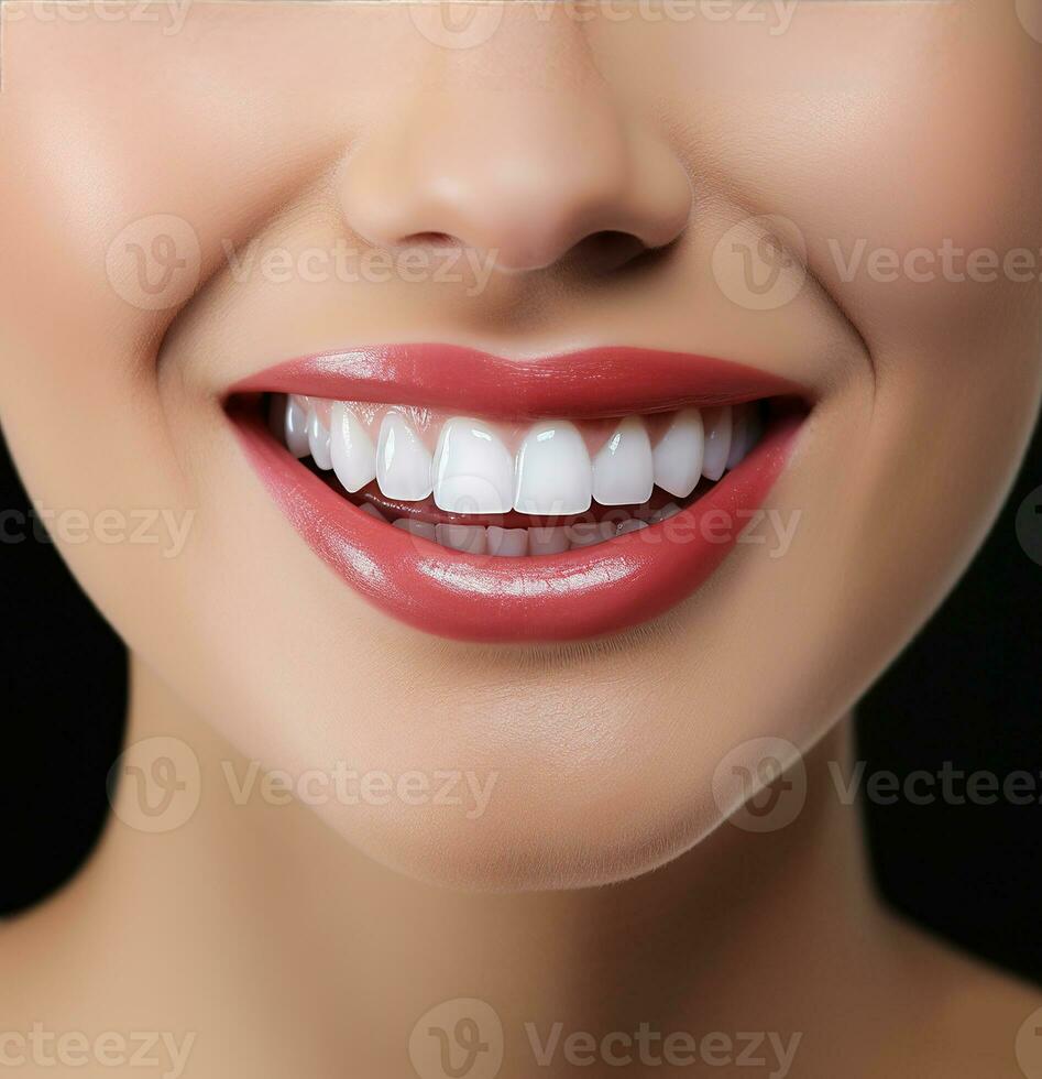 A woman's smile close-up. Natural beauty of delicate skin, pink lips and snow-white teeth. AI generated. photo