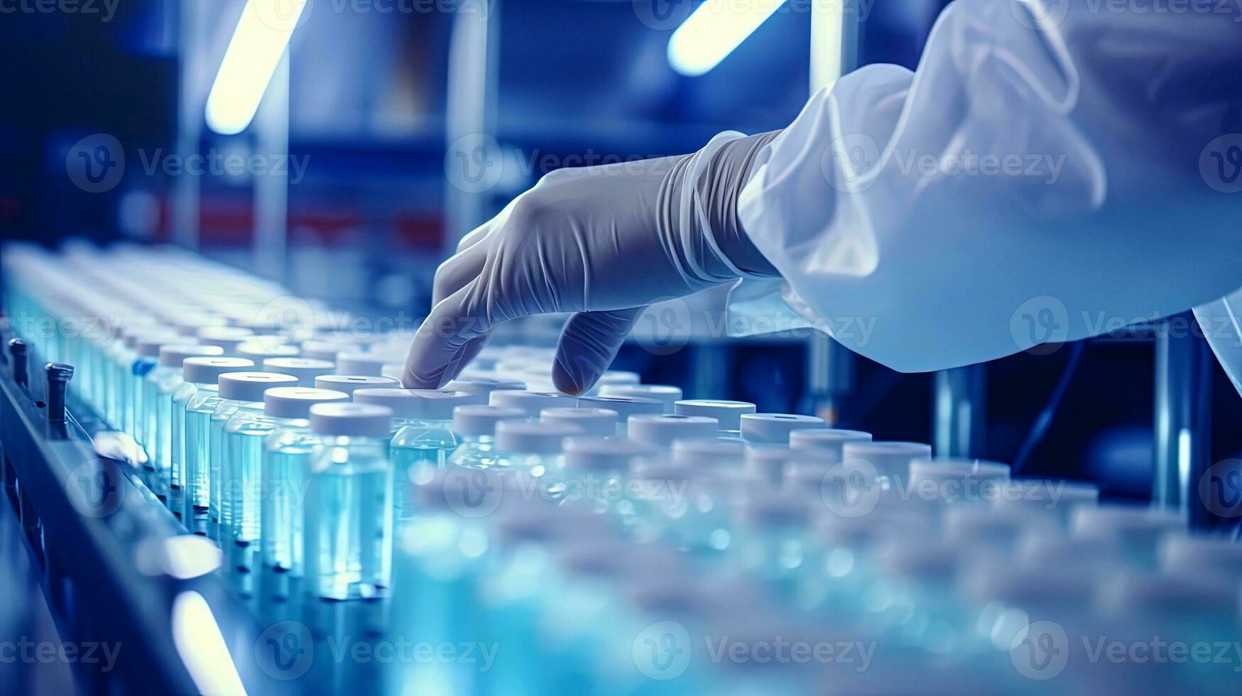 Production line machine conveyor with glass bottles ampoules at factory. Laboratory research and development concept. Scientist working in the laboratory. Selective focus. AI generated. photo