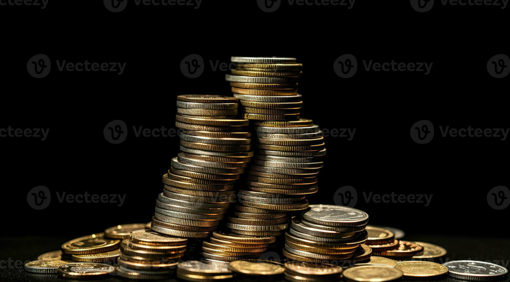 Stack of coins. Cash currency on a black background. Front view. AI Generated photo