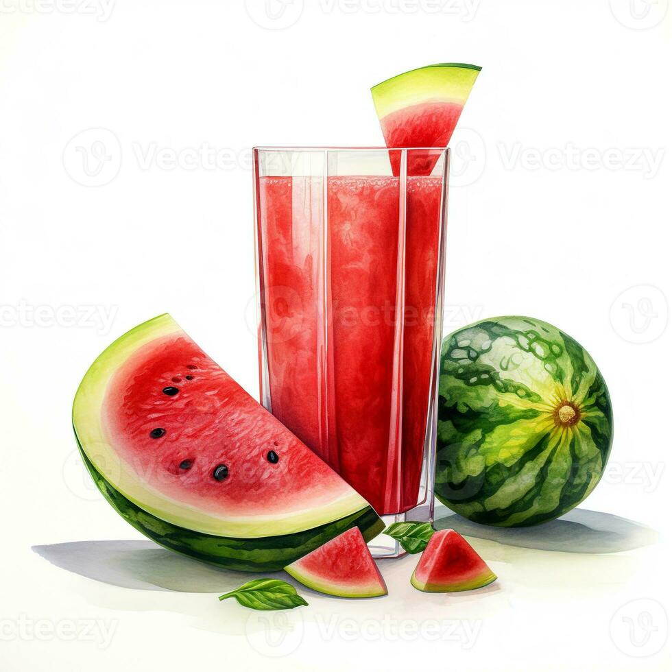 Water melon tropical juice. Natural summer exotic dessert. The watermelon is whole and chopped. AI generated. photo