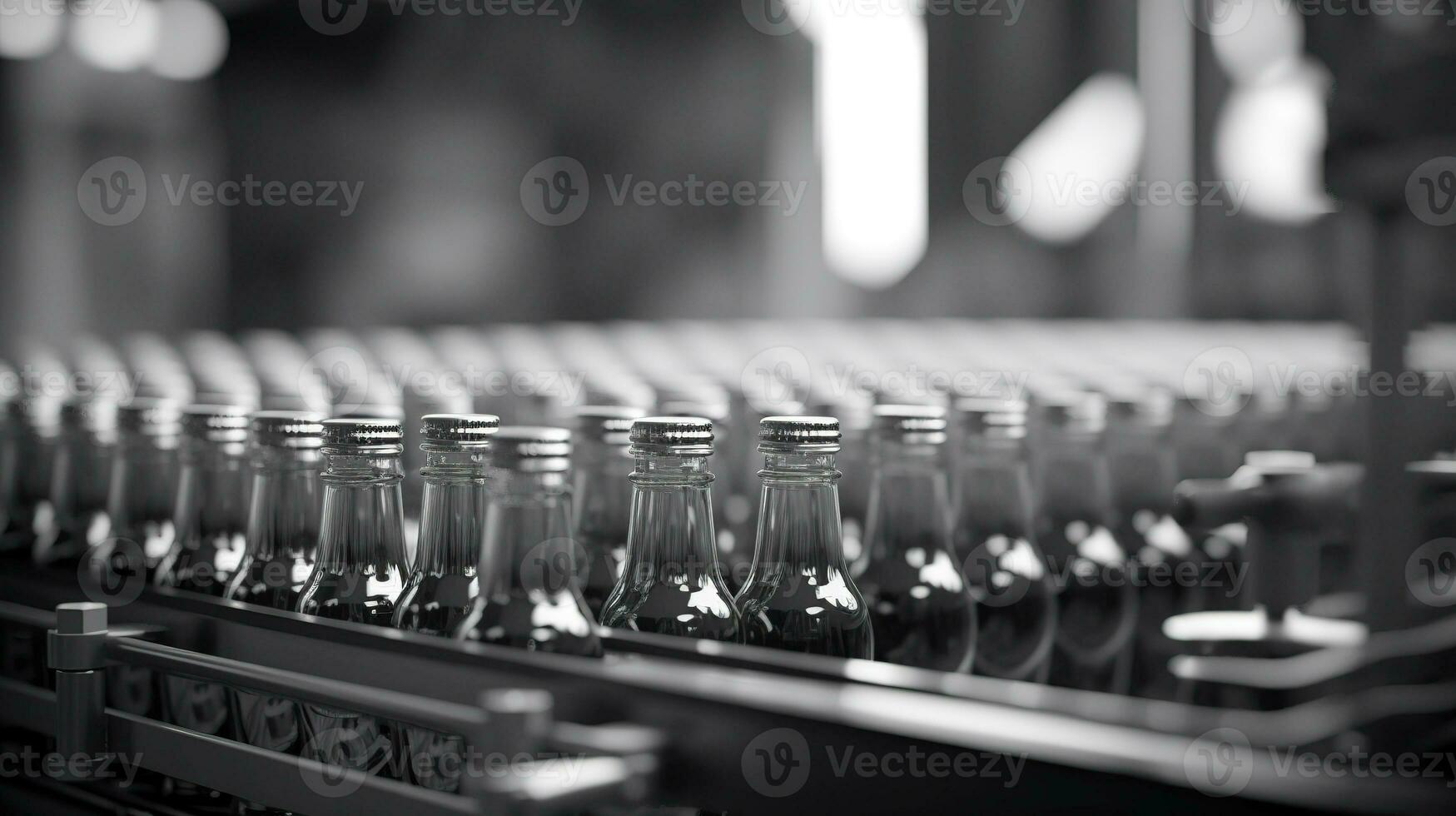 Bottles on the conveyor. A batch of glass containers in the production workshop. AI generated. photo