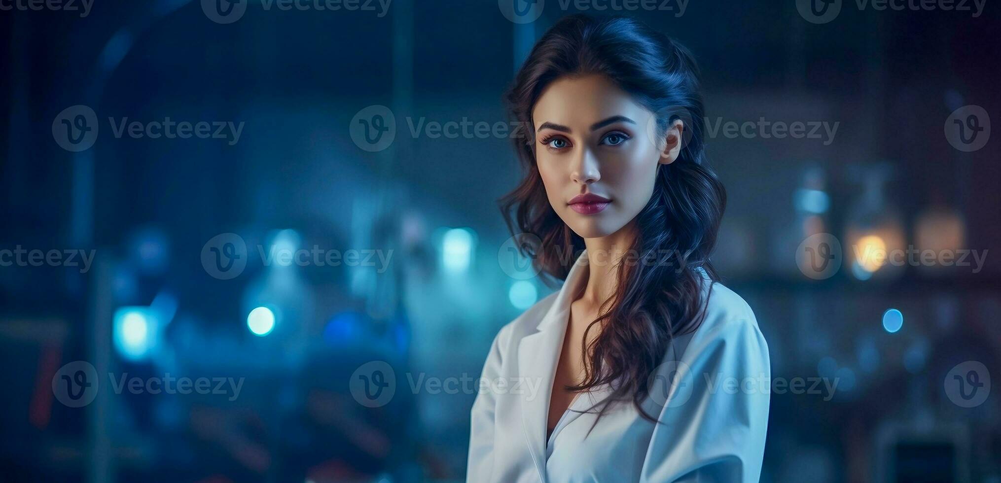 Beautiful and confident girl close-up on a blurred blue background with bokeh effect. A business woman in an industrial laboratory. photo