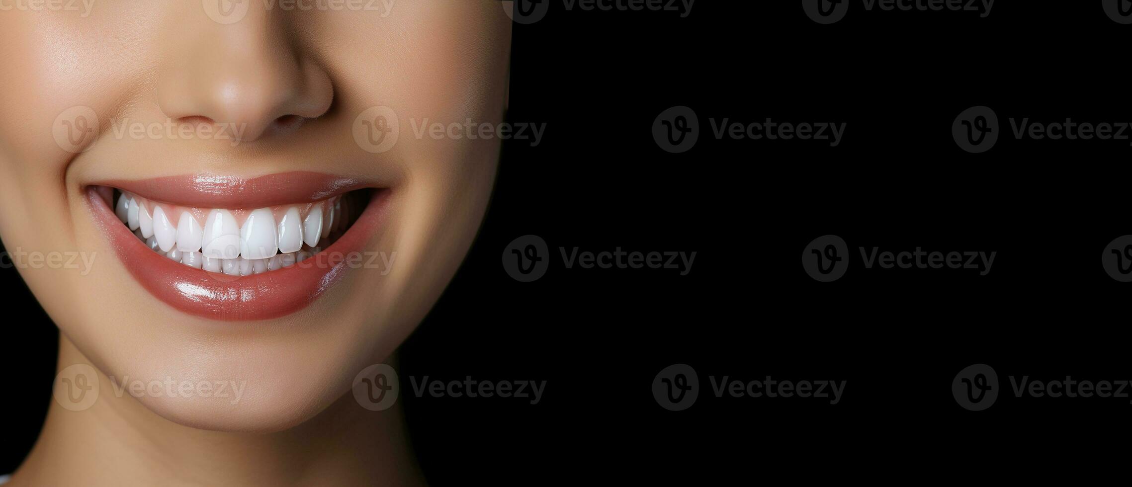 Close up of a smile with white straight teeth. Satisfied client of the dental clinic. Attractive smile of a girl on a black background with space for text. AI generated. photo