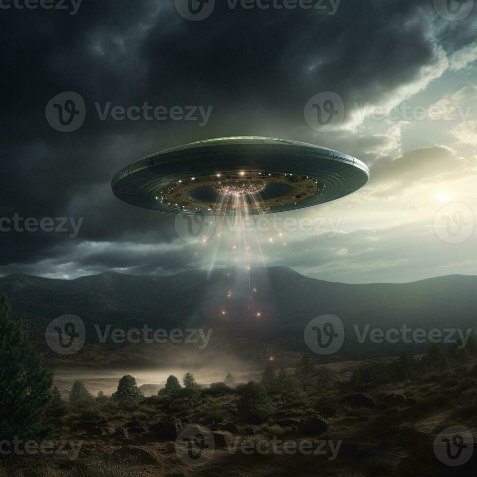 UFO flying over the forest at night. Spaceship alien sky. photo