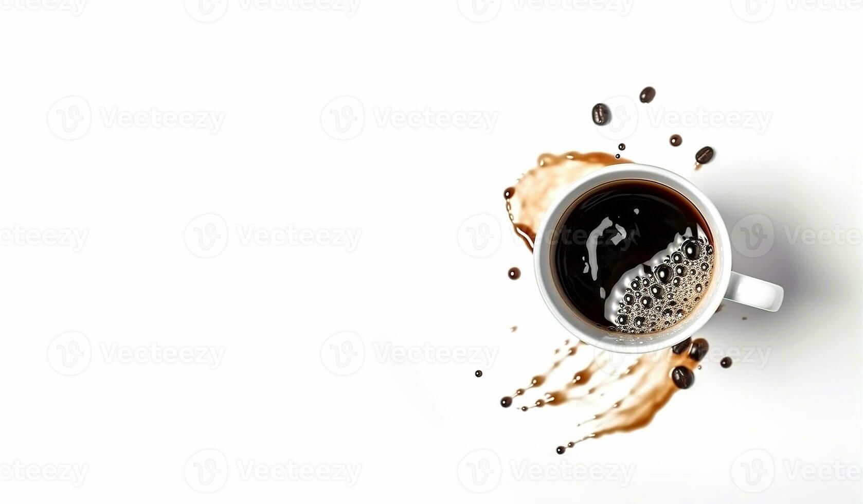 Hot espresso drink in a mug. Grunge style. Spilled coffee. Coffee spilled on a white horizontal background. AI generated photo