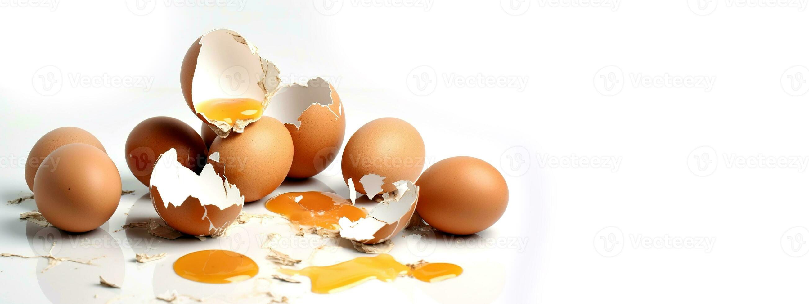 Broken raw eggs on a white background with space for text. AI generated photo