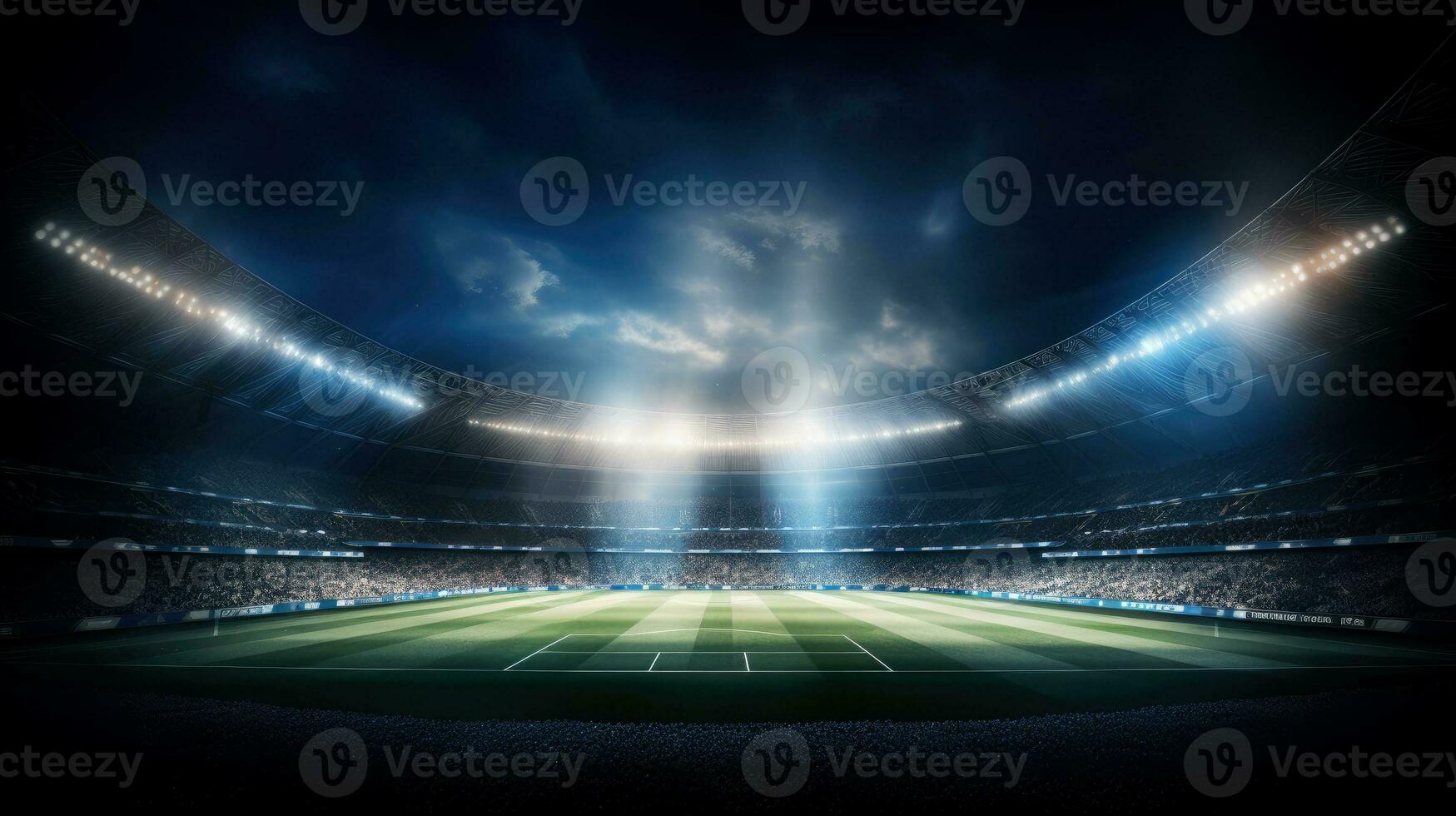 Stadium lights against dark night sky background. Soccer match lights. AI photo