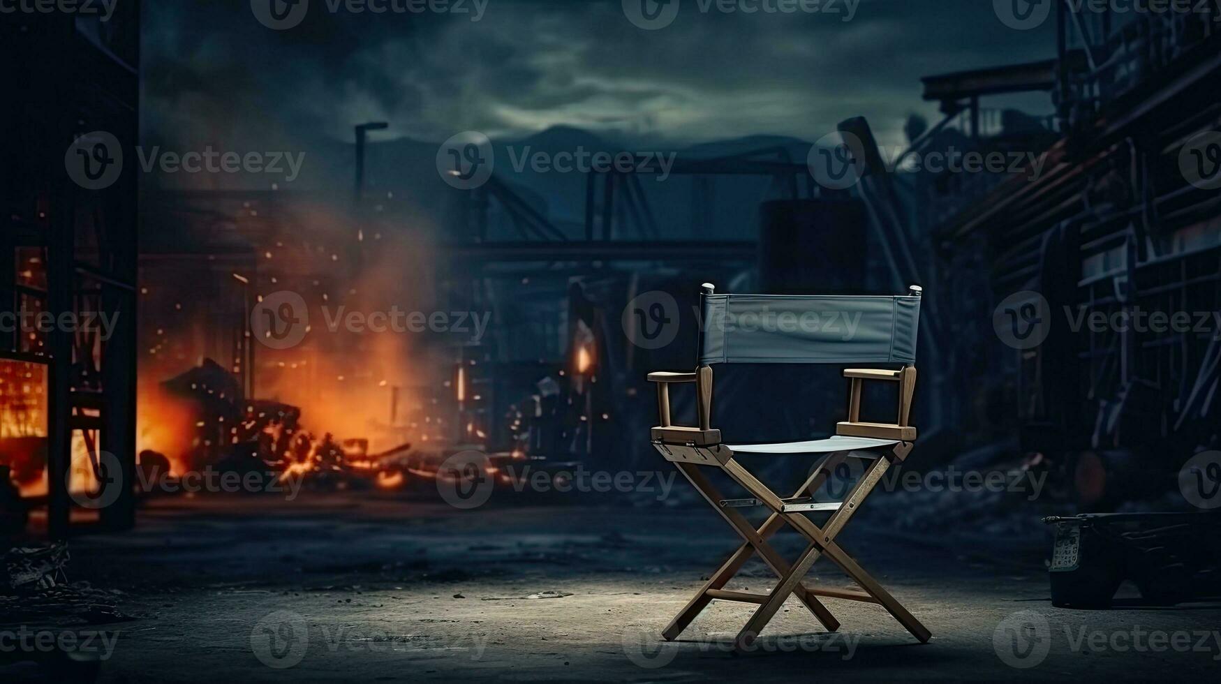 An empty director chair in front of an empty film set. Gloomy background photo