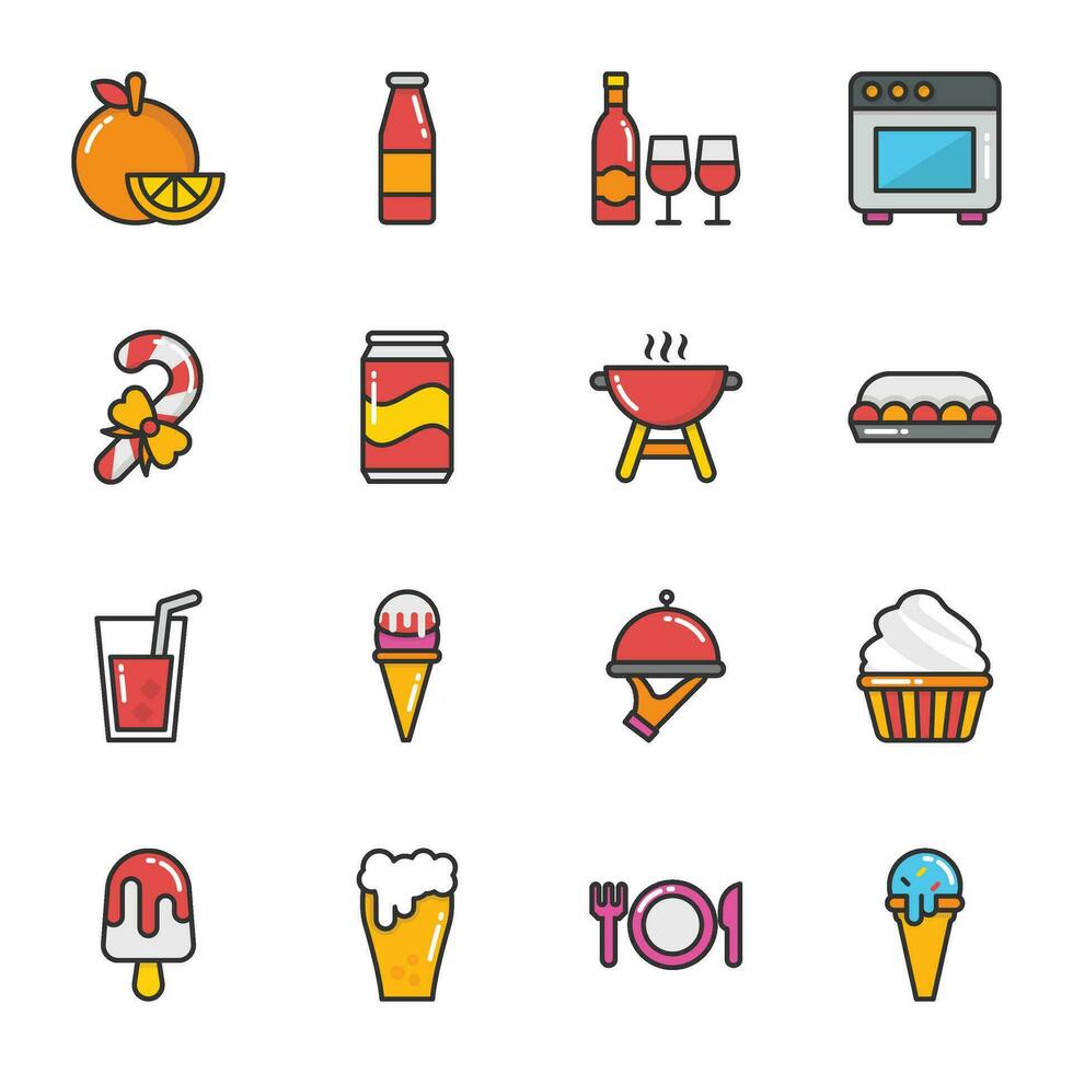 Pack of Sweets and Drinks Coloured Line Icons vector