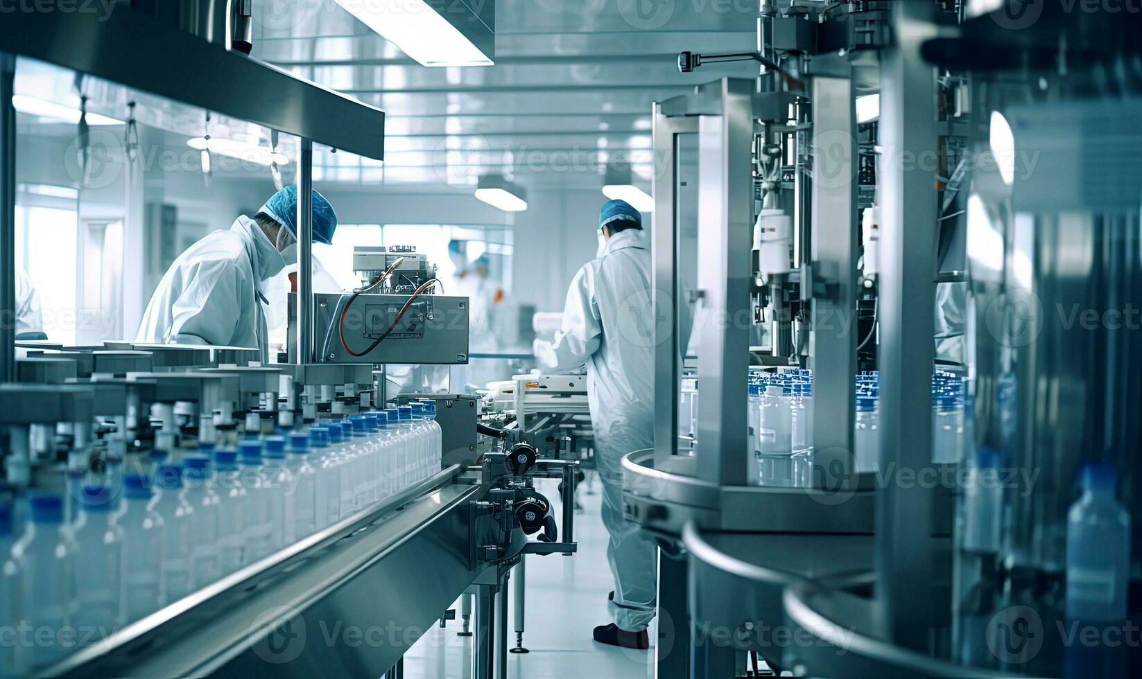 Production line of a beverage factory. Conveyor belt with bottles. photo