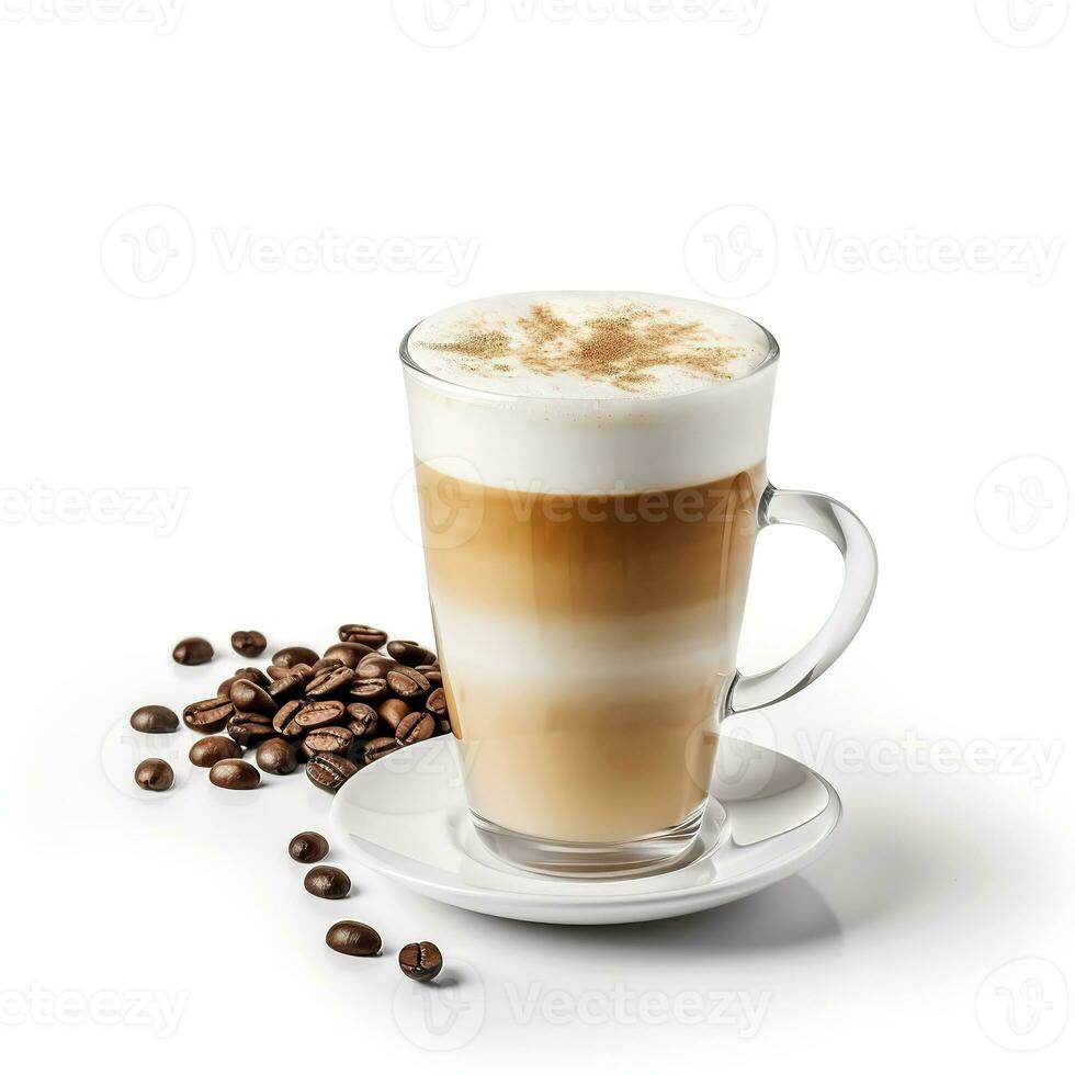 A large transparent glass filled with Latte. Advertisment of coffee shop. Cappuccino. photo