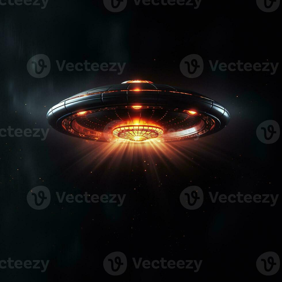 UFO in the night sky. Flying space saucer. An unidentified glowing flying object. Sci-fi digital illustration. photo