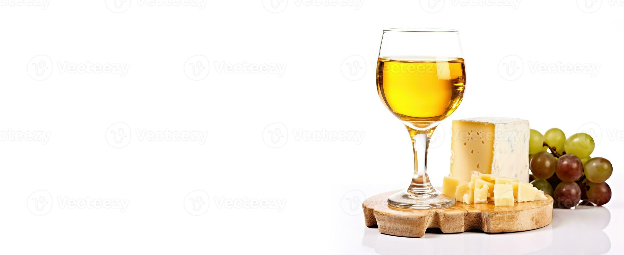 A glass of Riesling and cheese on a white horizontal background with space for text. AI Generated photo