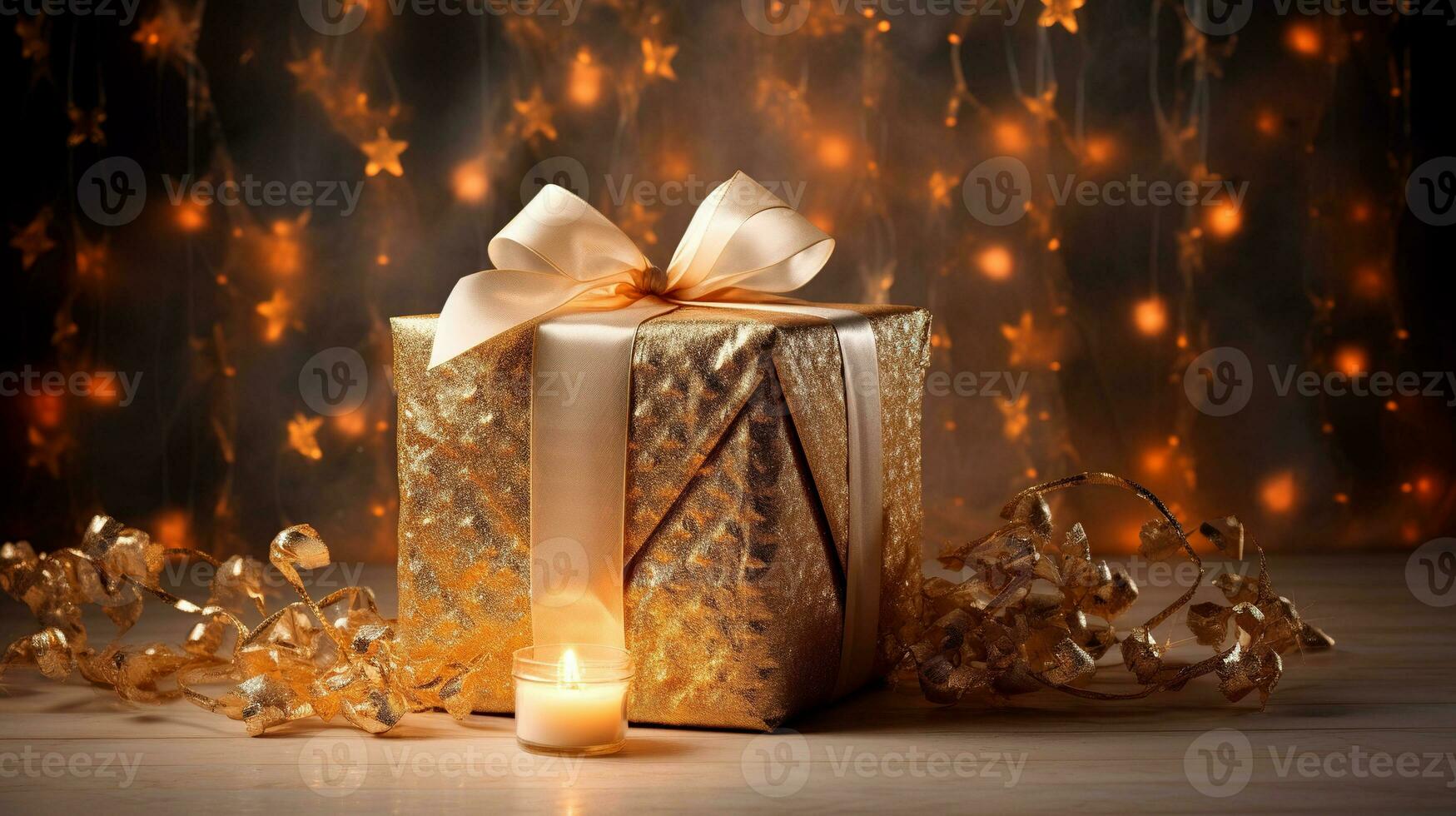 Gift box with candle on a table with bokeh background. photo