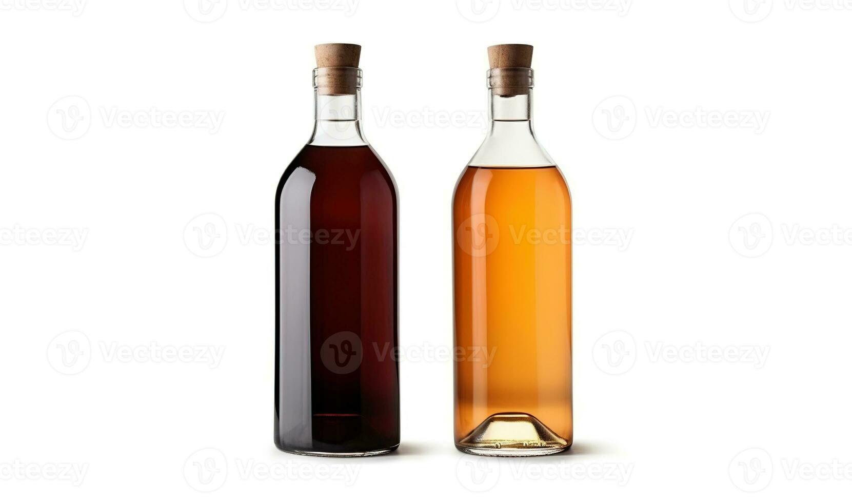 dos botellas de rojo y blanco vino aislado en un blanco antecedentes con espacio para tu publicidad. versión con corcho, sin frustrar. vino botella Bosquejo. ai generado foto