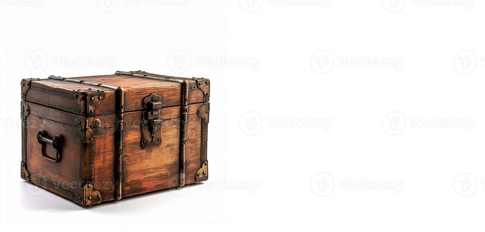 Antique wooden chest with metal handles and rivets . Old wooden trunk with closed lid. AI generated photo