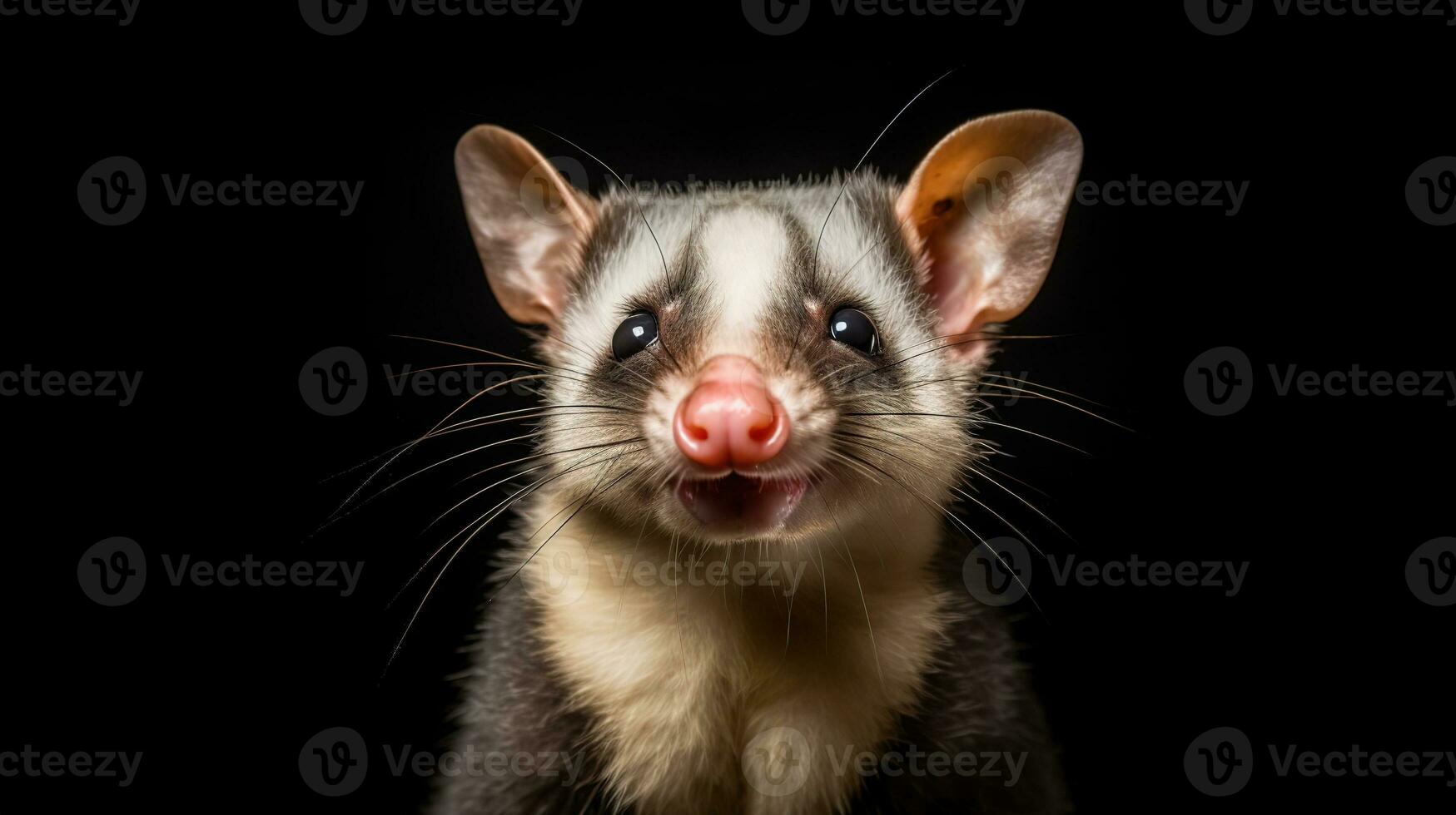 estudio retrato de un sonriente zarigüeya en un negro antecedentes. generativo ai foto