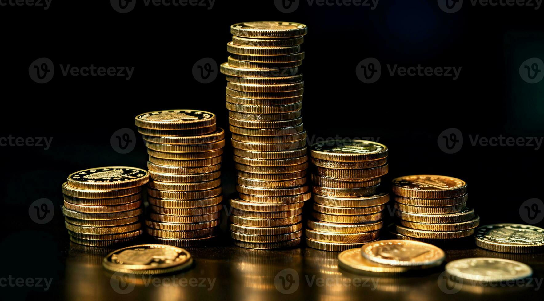 Pile of gold coins. Stack of coins. Cash currency on a black background. AI Generated photo