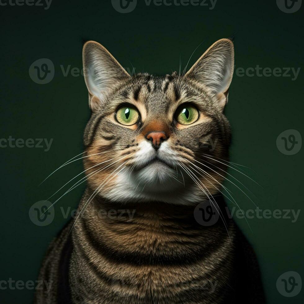 Illustration of a cute fat tabby cat isolated on a dark background. For cat food advertising. Generative AI photo