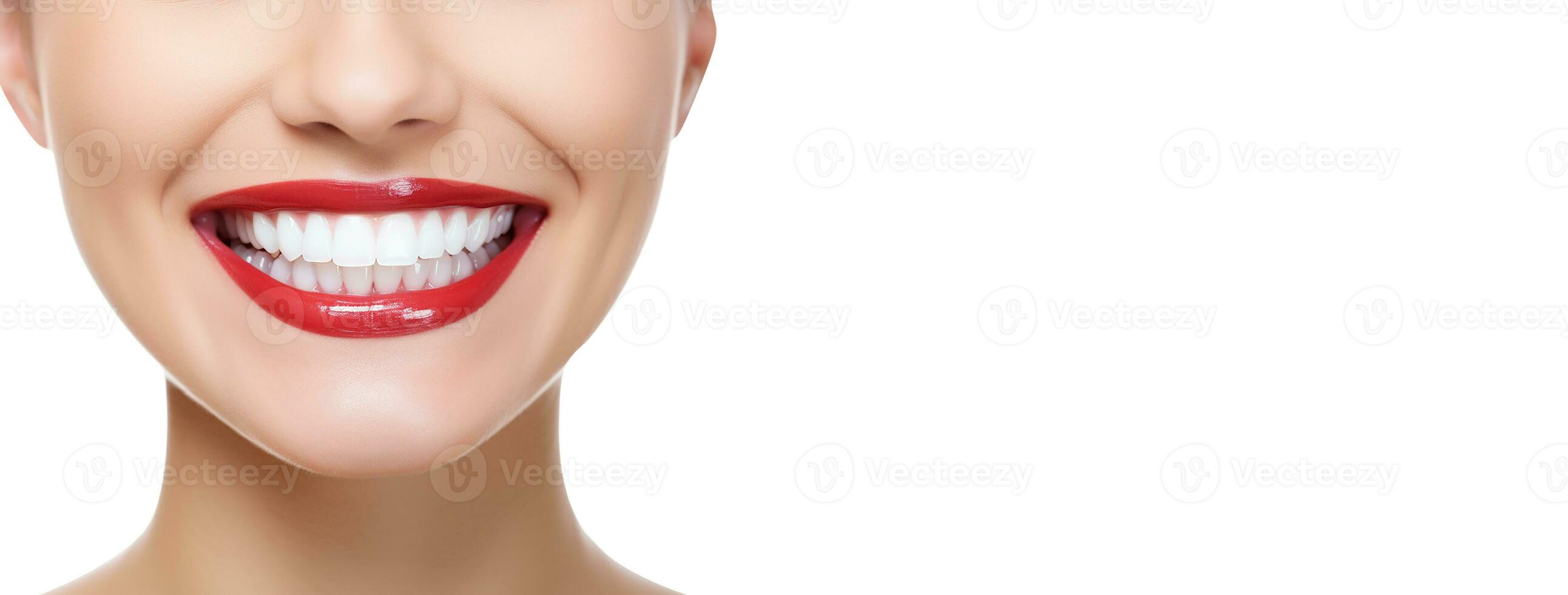 americano sonrisa. mujer sonriente boca con blanco dientes en blanco antecedentes con Copiar espacio. foto