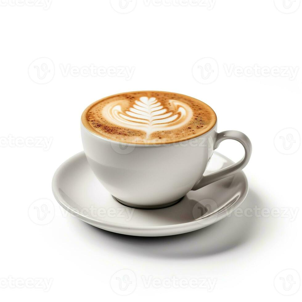 White cup with cappuccino on white background. Coffee drink with Latte art. AI generated photo