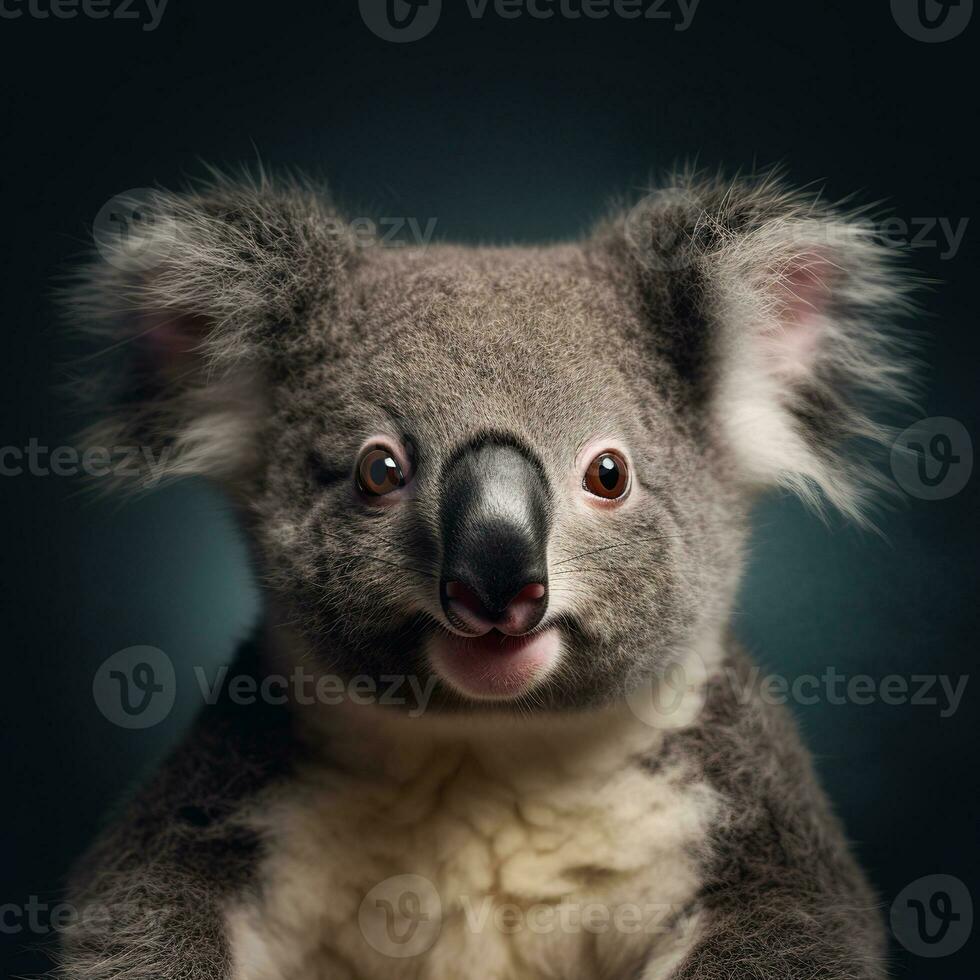 Koala on a blue background close-up studio portrait. Australian wild animal. Generative AI. photo