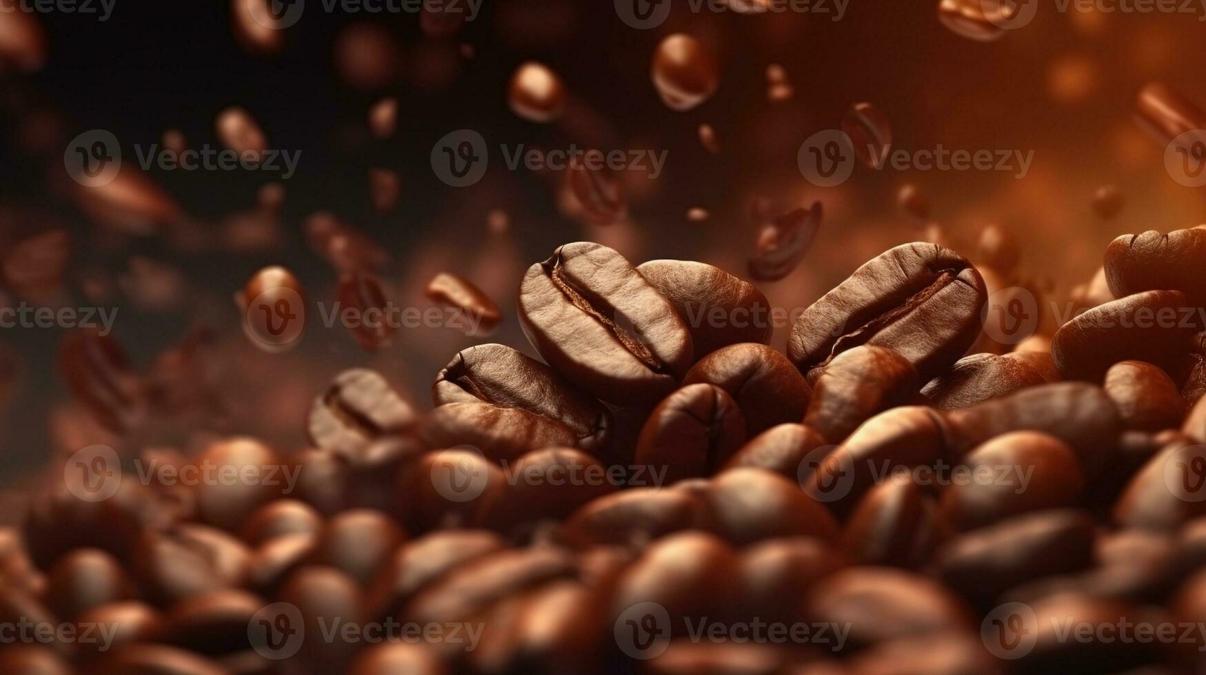 Brown roasted large coffee beans close-up on a dark background. Generative AI photo