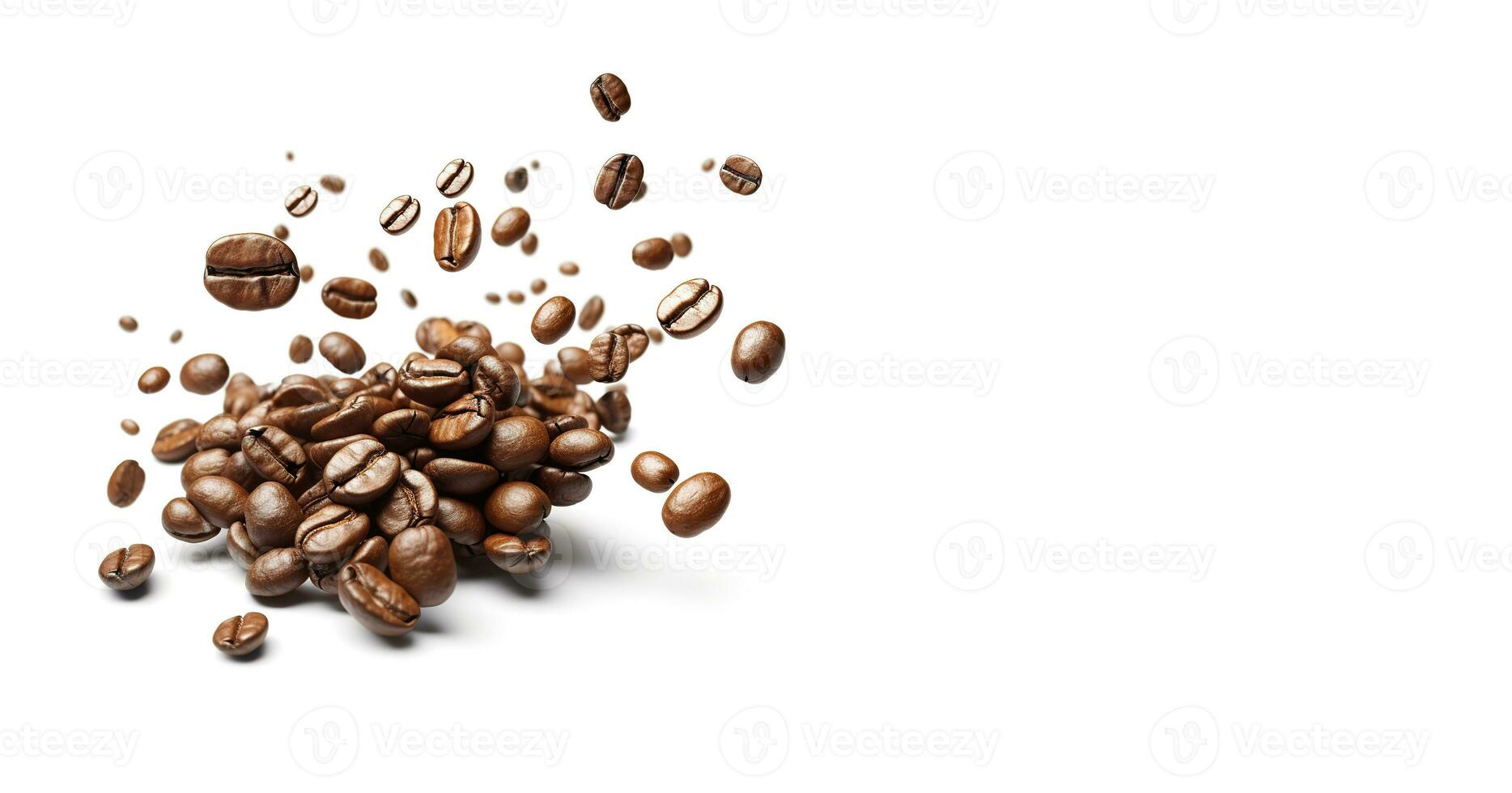 Flying brown coffee beans on a white background with space for text. Generative AI photo