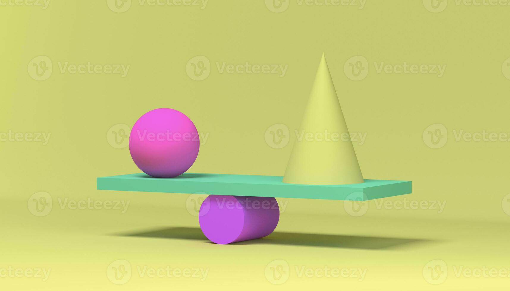 3D render composition balancing balanced geometric shapes on a yellow background. photo