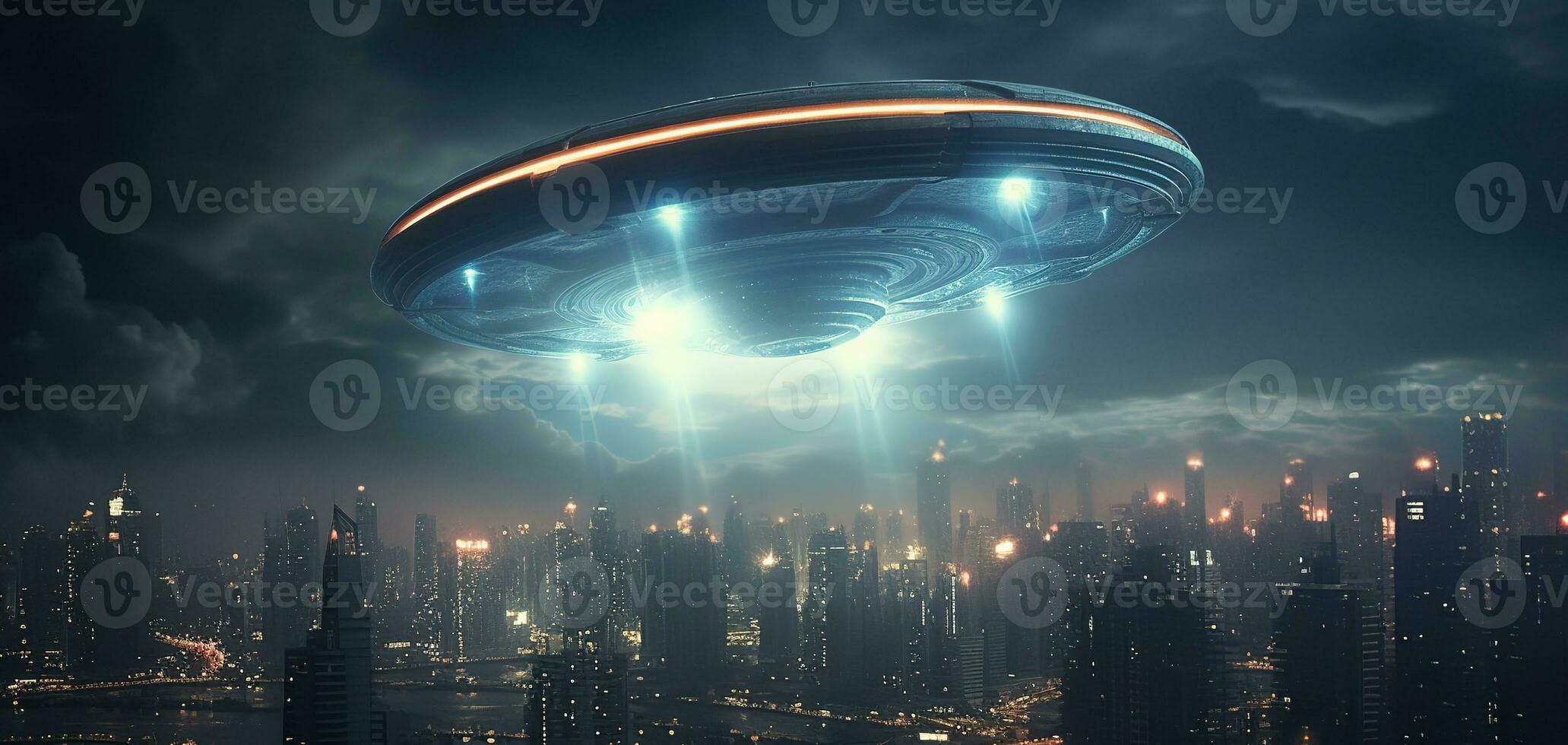 UFO in the sky flying over the night city. Beautiful fantasy scene. A Flying Saucer. Futuristic technological concept. Transport of the future. photo