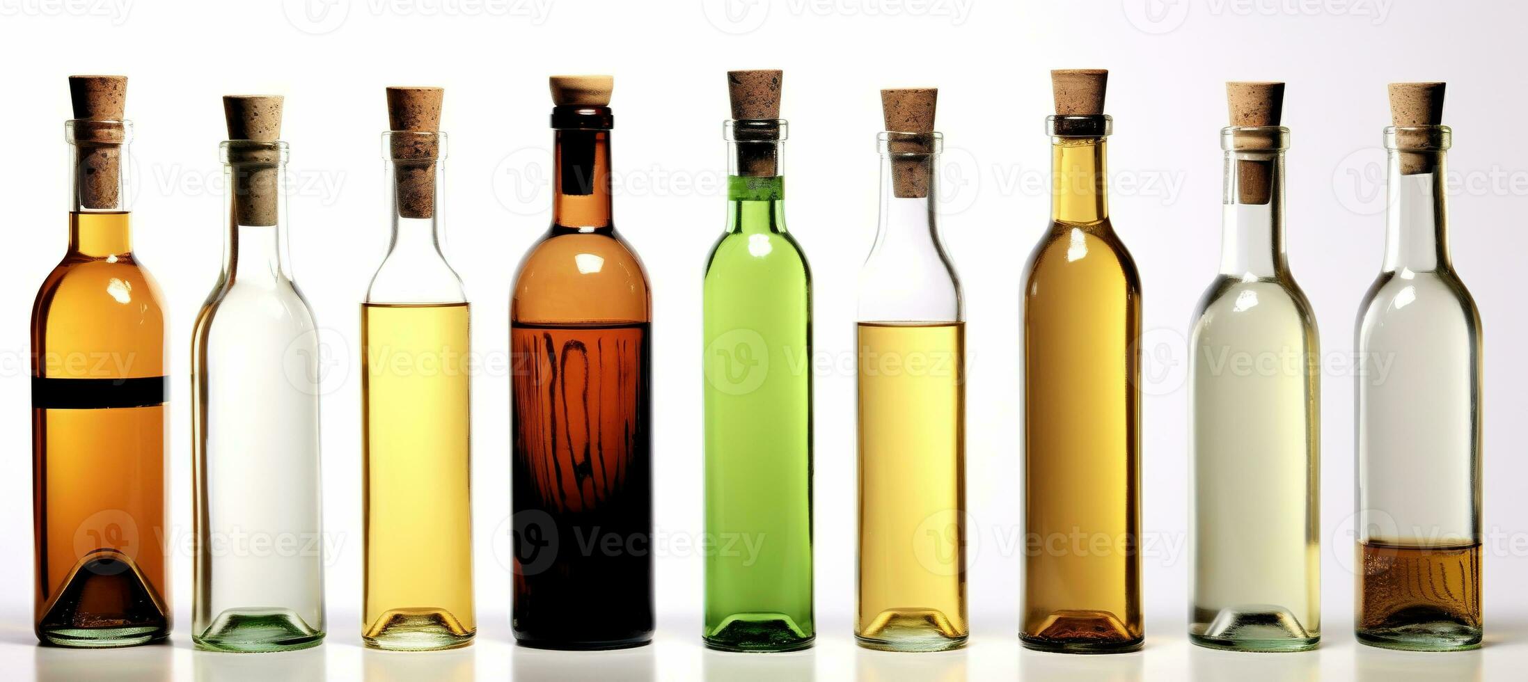 A set of bottles on a white background. Collection of alcoholic beverages. Version with Cork, without Foil. AI Generated photo