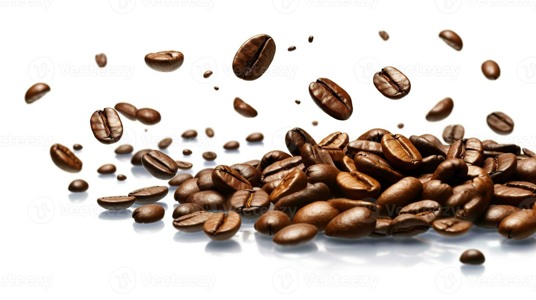 Large coffee beans levitate on a white background. Generative AI photo