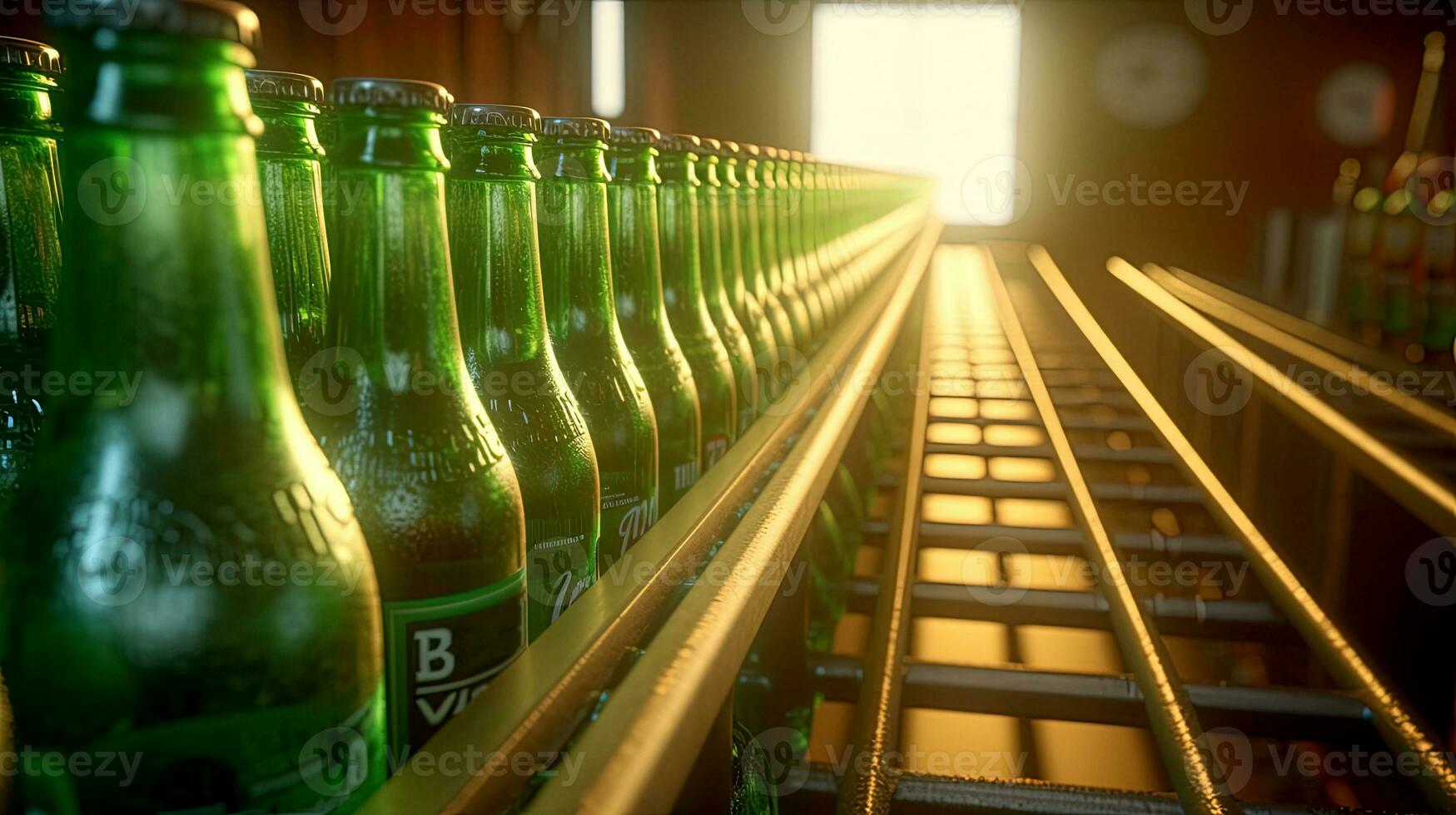 Green bottles on conveyor belt in factory. AI Generated photo