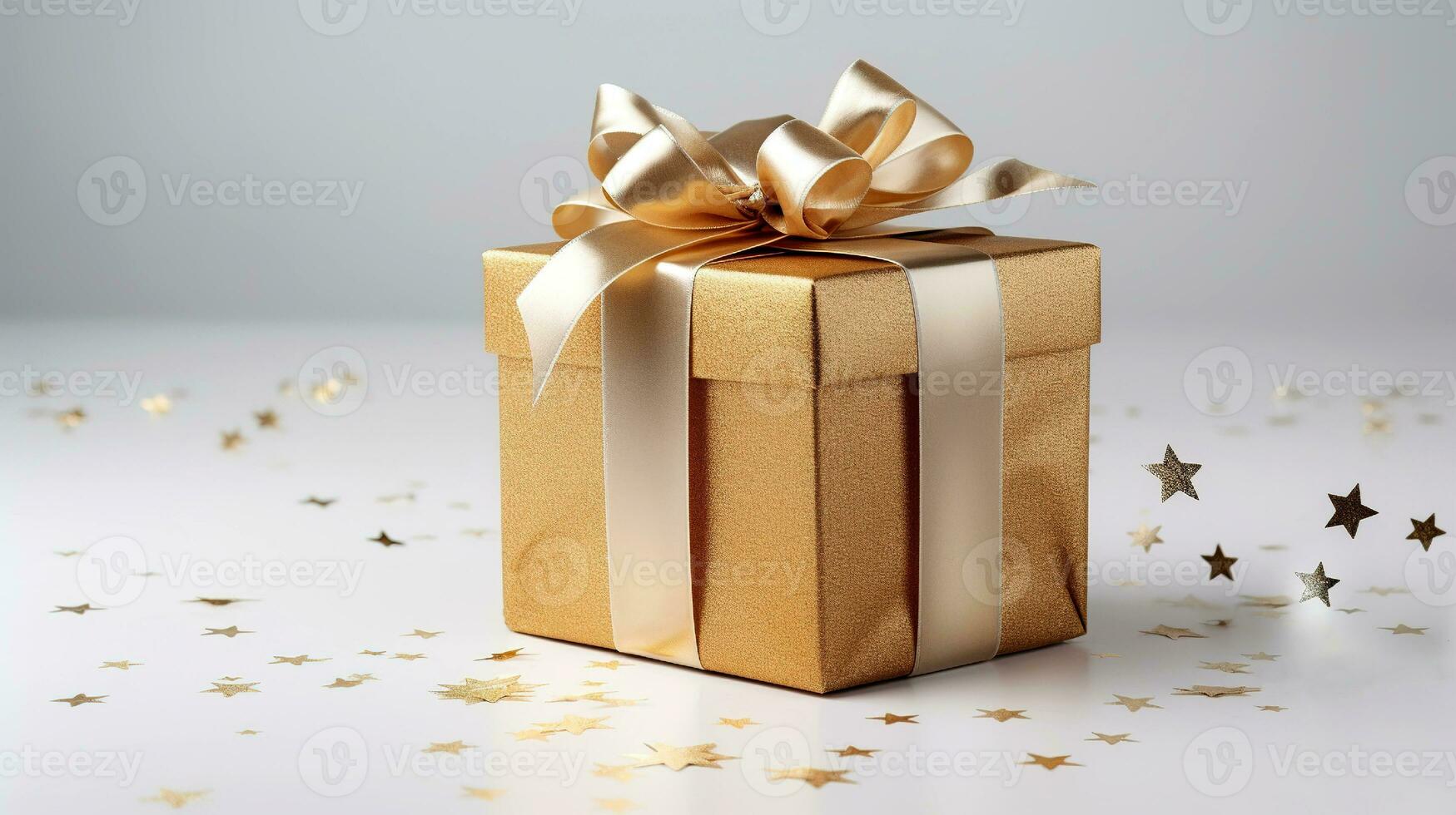 Golden gift box with golden ribbon isolated on white. Realistic gift on a starry background. photo
