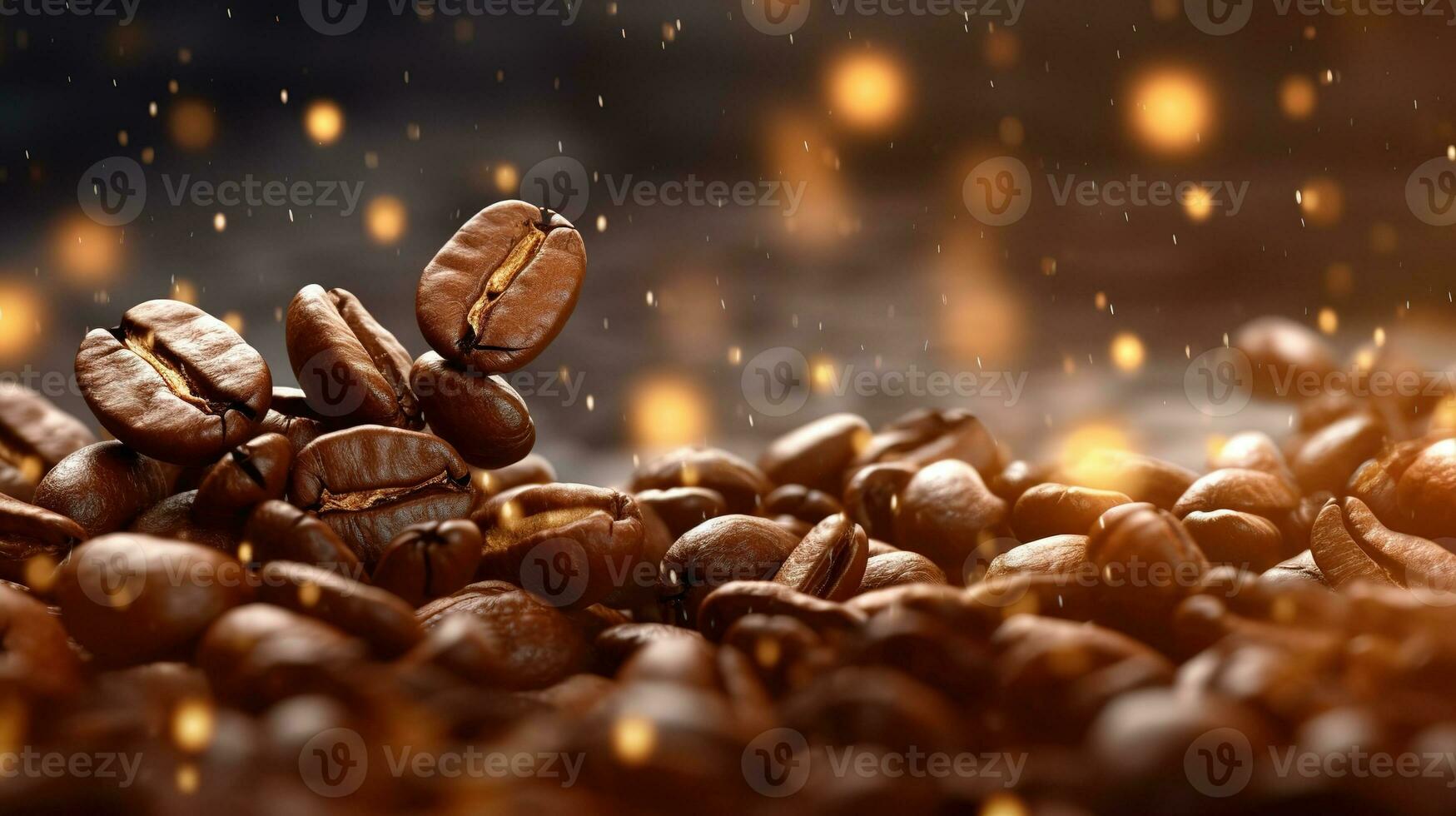 Roasted coffee beans on brown blurred background with bokeh effect. . Generative AI photo