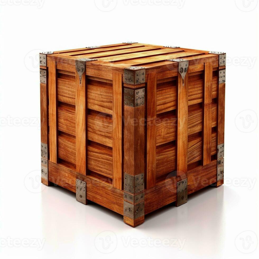 Wooden container upholstered with metal on a white background. AI generated photo