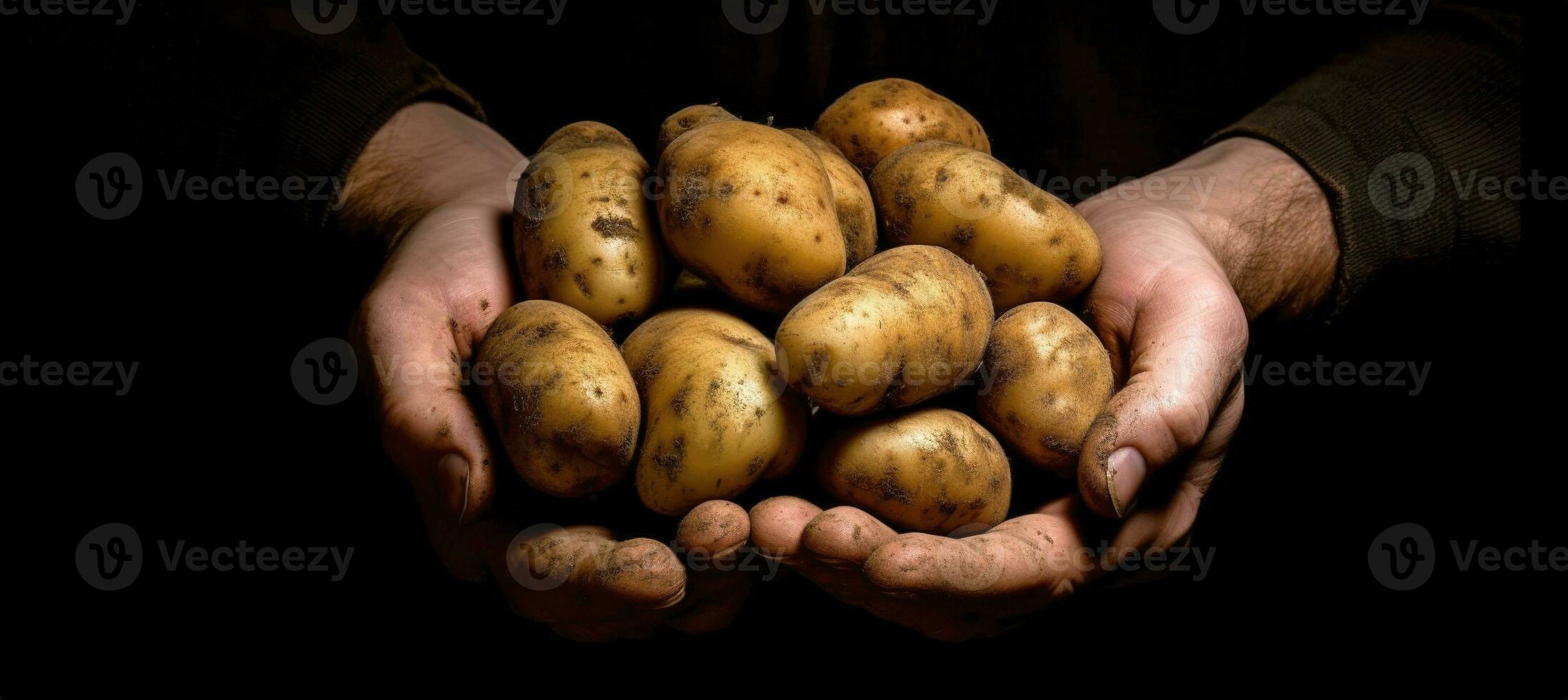 Potatoes in male hands with traces of soil on a black background. AI Generated photo