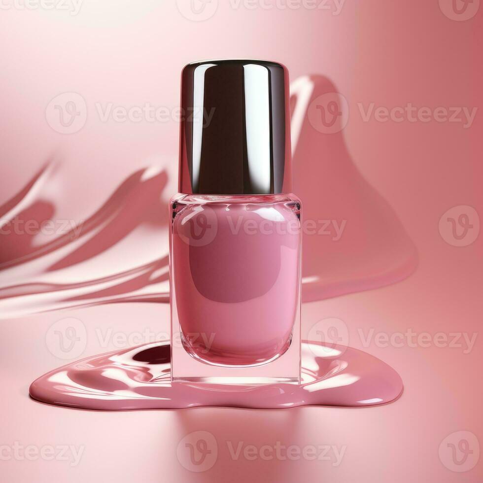 Pink nail polish bottle isolated on pink background. Square frame. AI photo