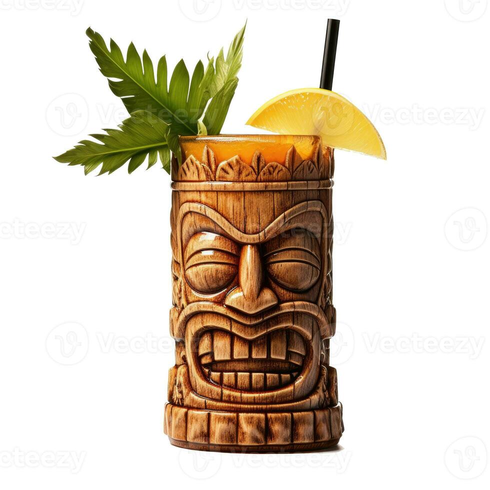 Tropical cocktail served in a tiki style glass and garnished with fruits. photo